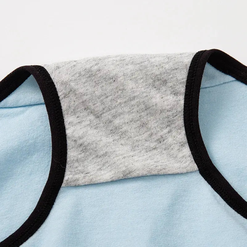 BANNIROU blue women's sleeveless top with grey heather neck panel and black trim