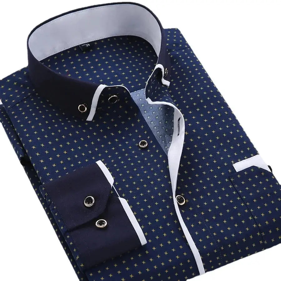 Men's navy floral print button-down shirt, long sleeves, slim fit, Simples Market.