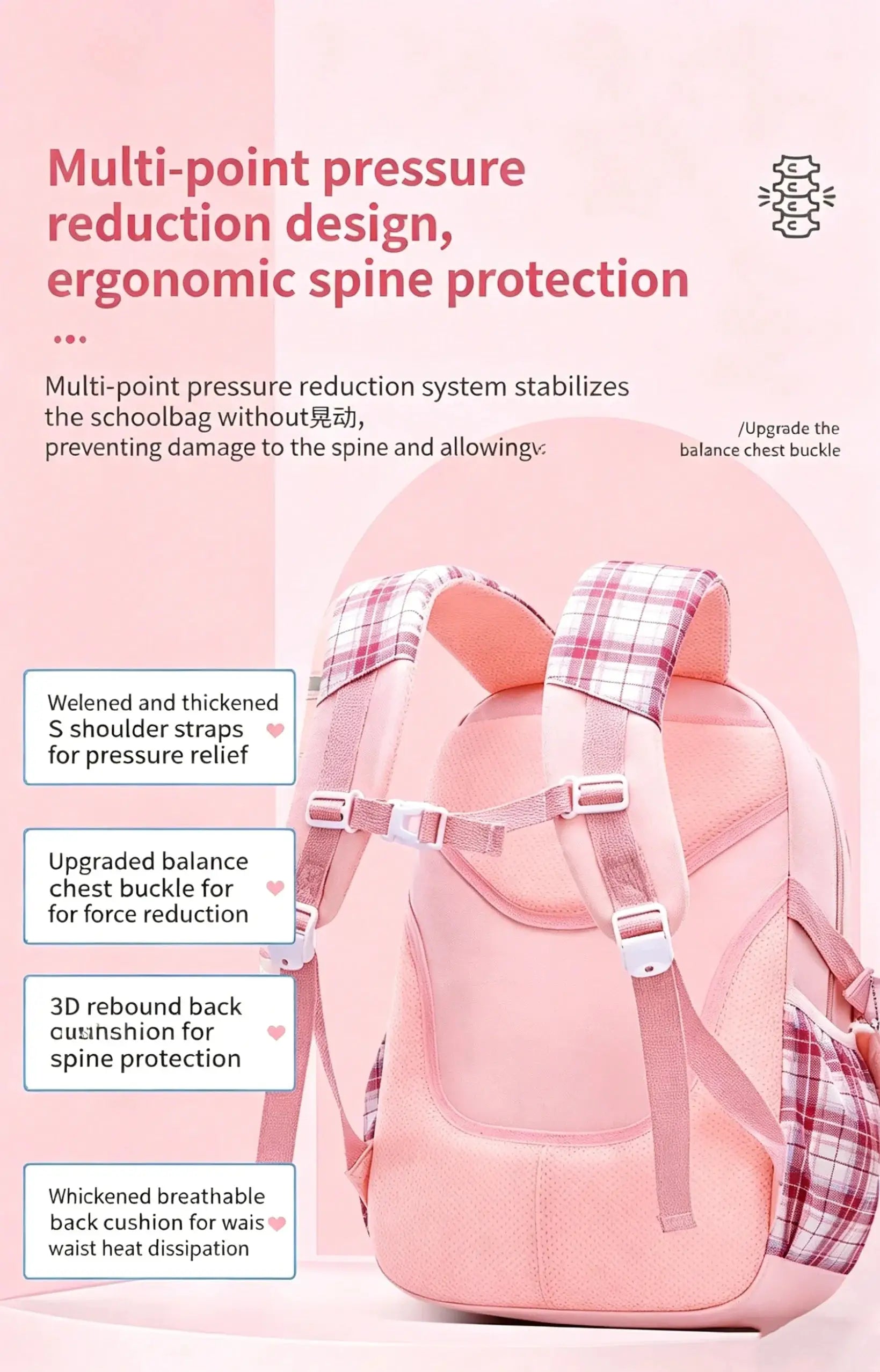 Backpack pink checkered, Simples Market Protecting The Spine ergonomic girls' school bag, large capacity, lightweight