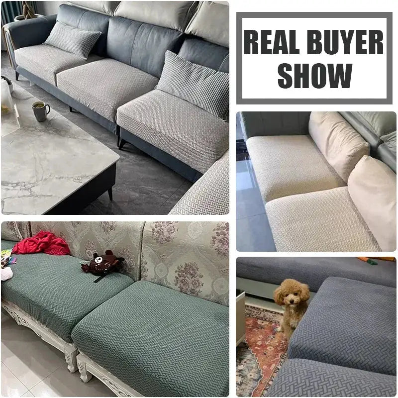 Jacquard sofa seat cushion covers set; removable anti-dust slipcovers in gray and teal for sofas