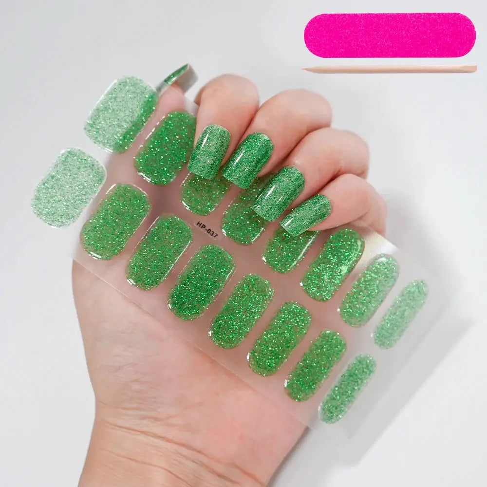 Simples Market green glitter semi-cured gel nail wrap sheet, full-cover adhesive decals for UV lamp curing