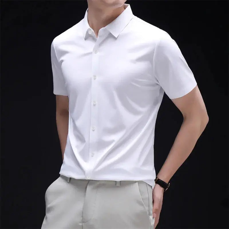 Mens Business Casual Short Sleeved Solid Color Shirt Wrinkle Resistant Wrinkle Free Comfortable All Season Versatile Top