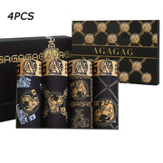 4-pack men's black boxer shorts with gold retro AGAGAG print; antibacterial breathable fabric.