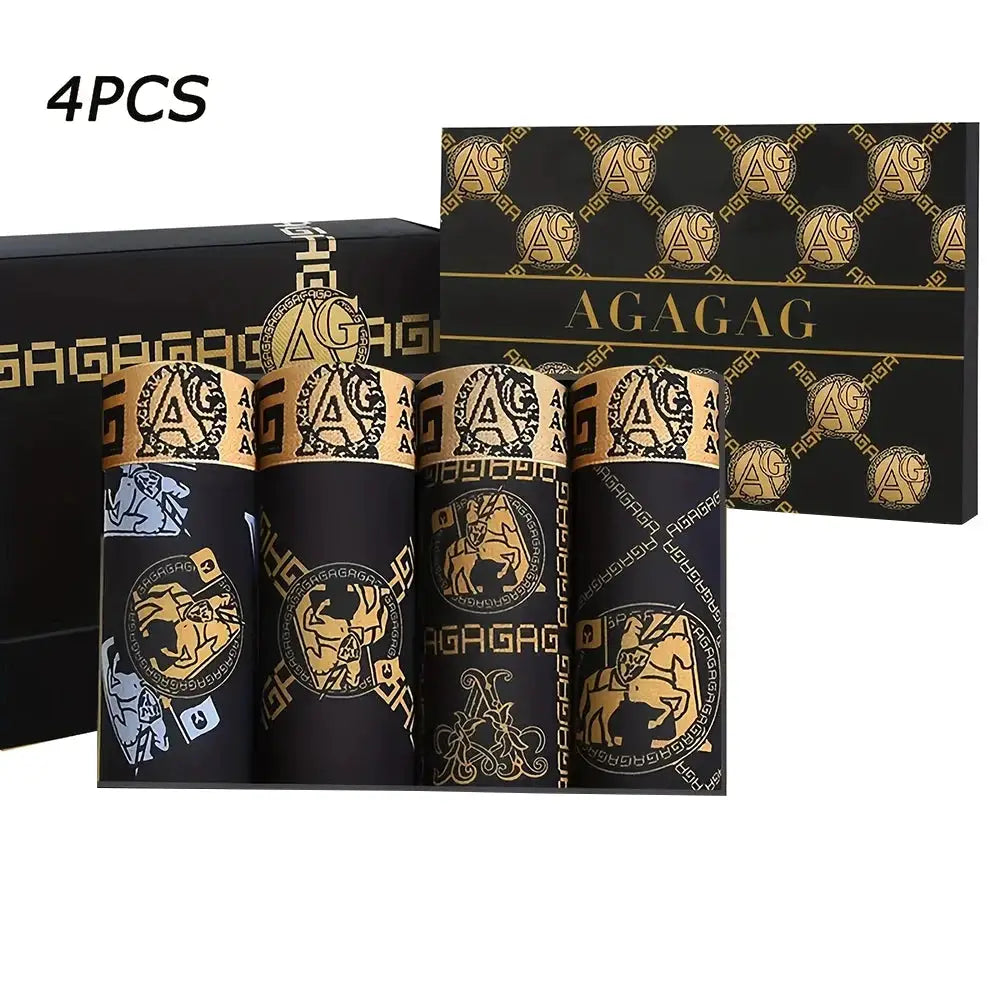 4-pack men's black boxer shorts with gold retro AGAGAG print; antibacterial breathable fabric.