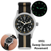 Militado ML05 vintage watch by Simples Market with black dial, beige striped fabric strap, 38mm case