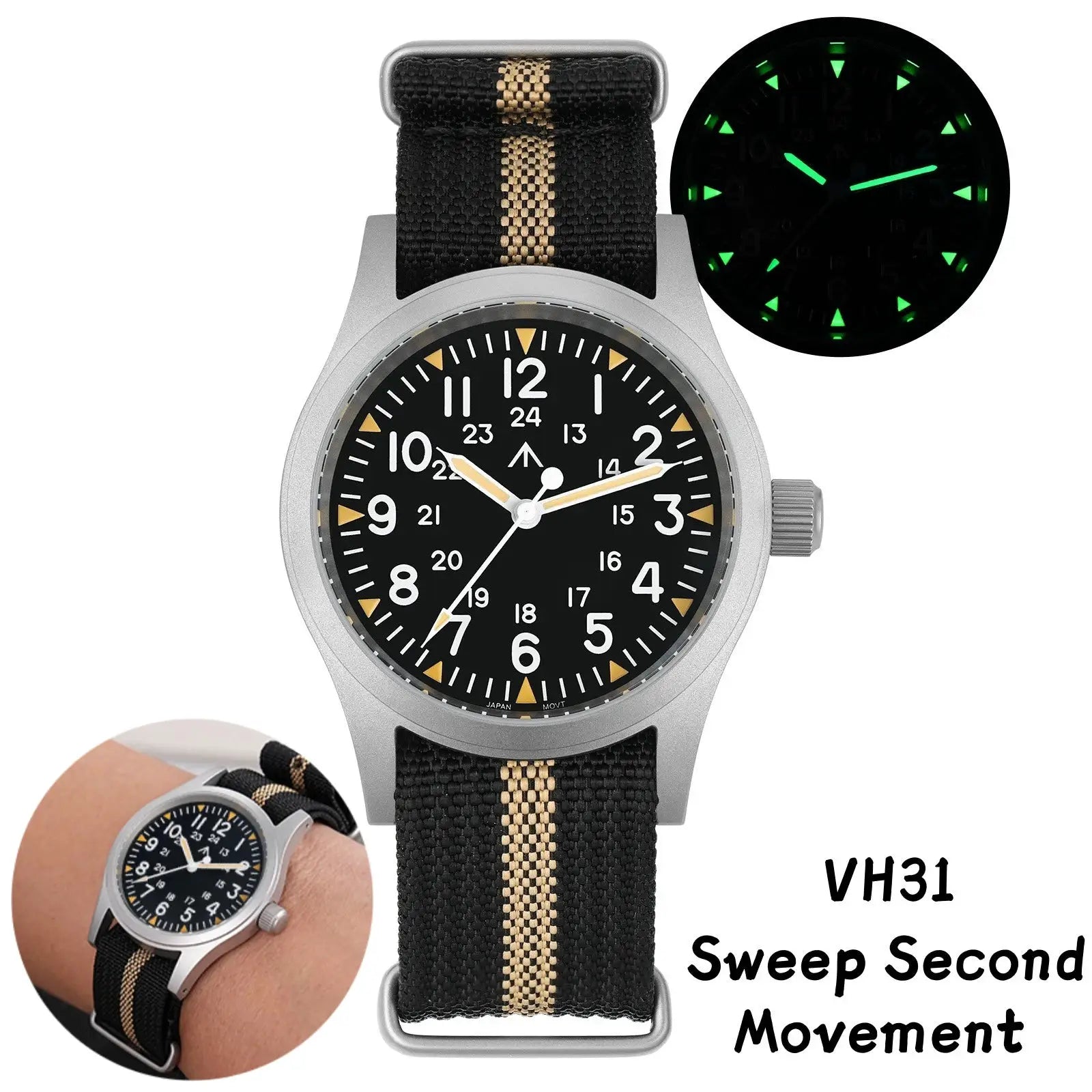 Militado ML05 vintage watch by Simples Market with black dial, beige striped fabric strap, 38mm case