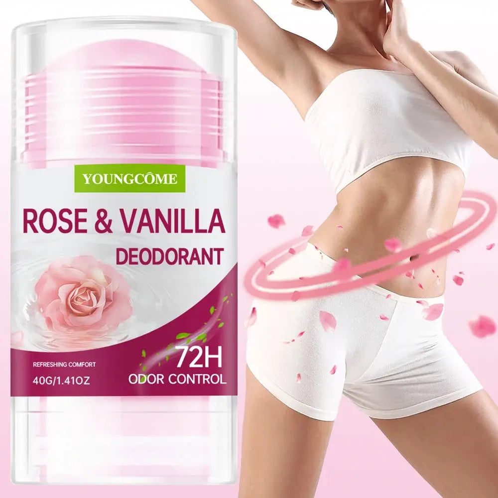 Youngcome Rose & Vanilla deodorant stick with pink label and 72H odor control