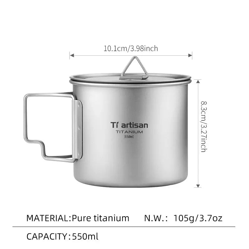 Tiartisan titanium camping mug with folding handle, 550ml capacity