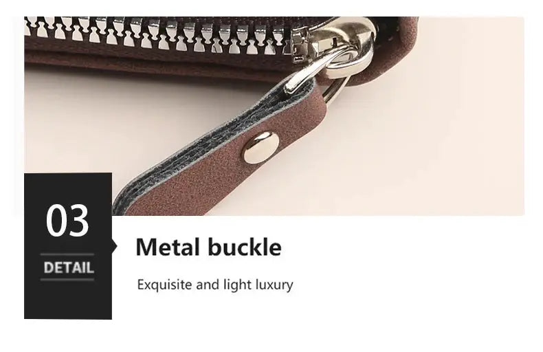 Men's brown leather wallet with metal buckle and zipper detail
