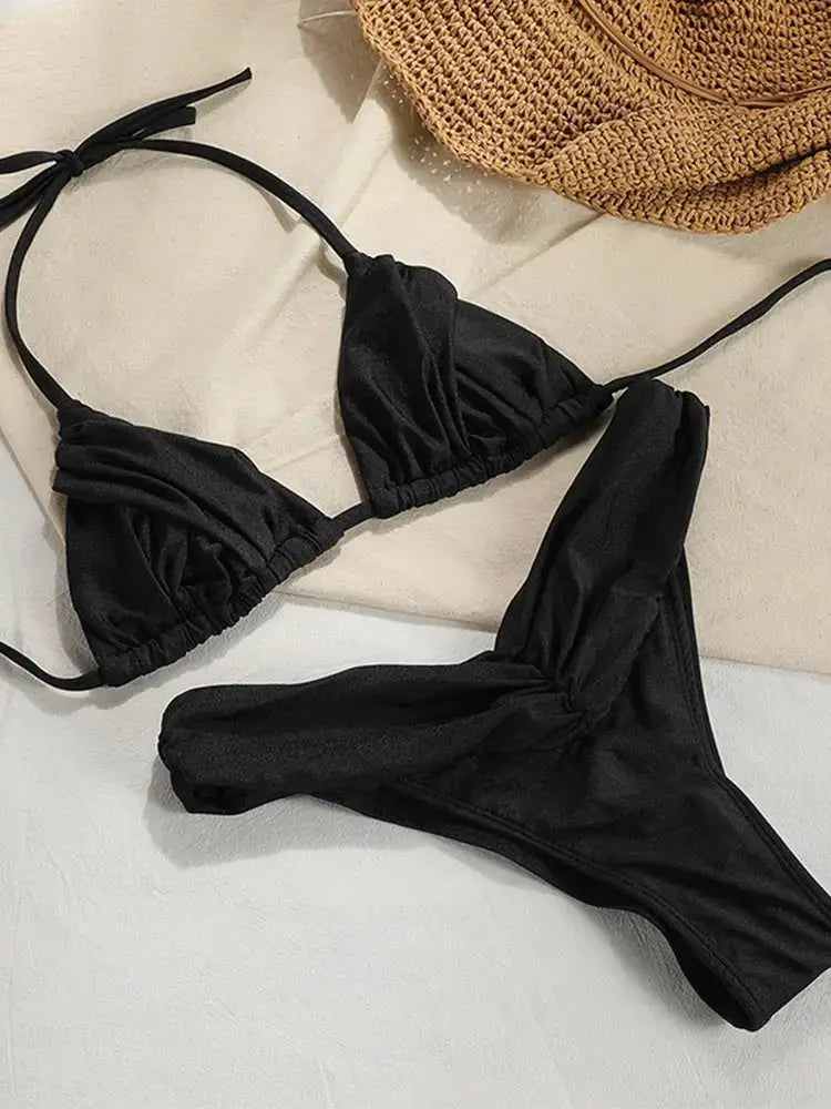Bikini set, black triangle top with string ties and ruched cups, high-cut bottoms