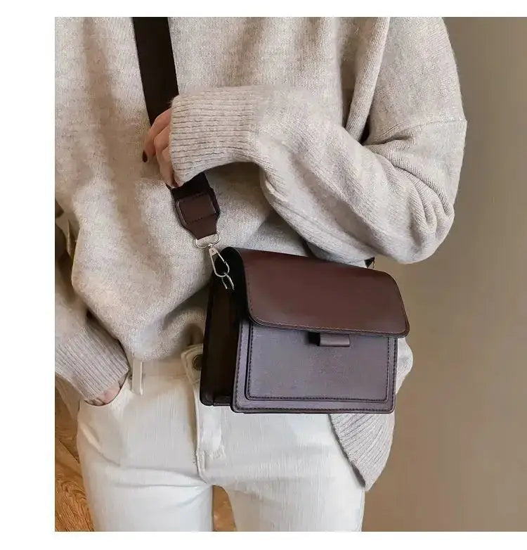 Crossbody bag brown PU leather with front flap, women's fashion shoulder bag