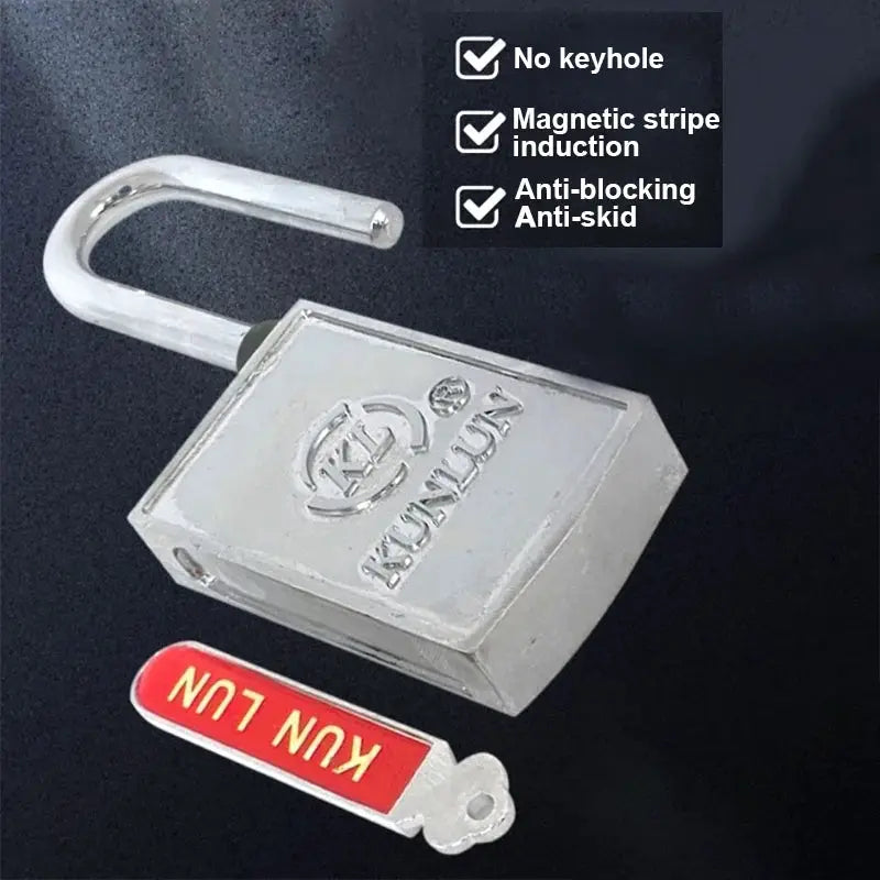 Magnetic lock padlock with transparent body and silver U-shaped shackle; red key tag beside.