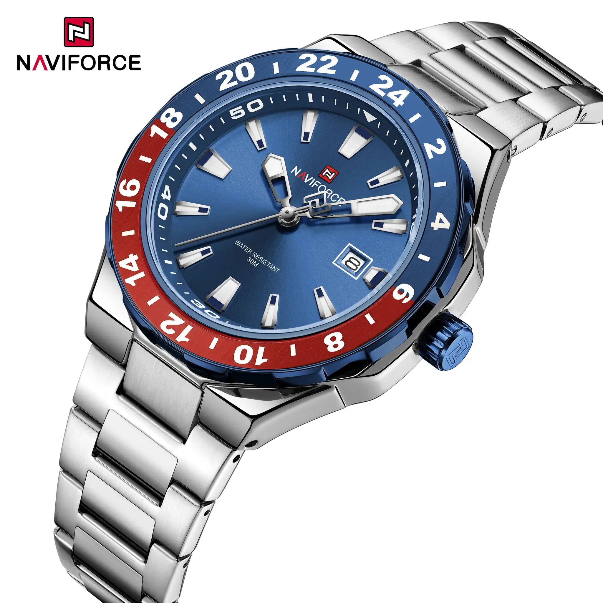 NAVIFORCE luxury sports quartz wristwatch with stainless steel band, blue dial and red–blue bezel.