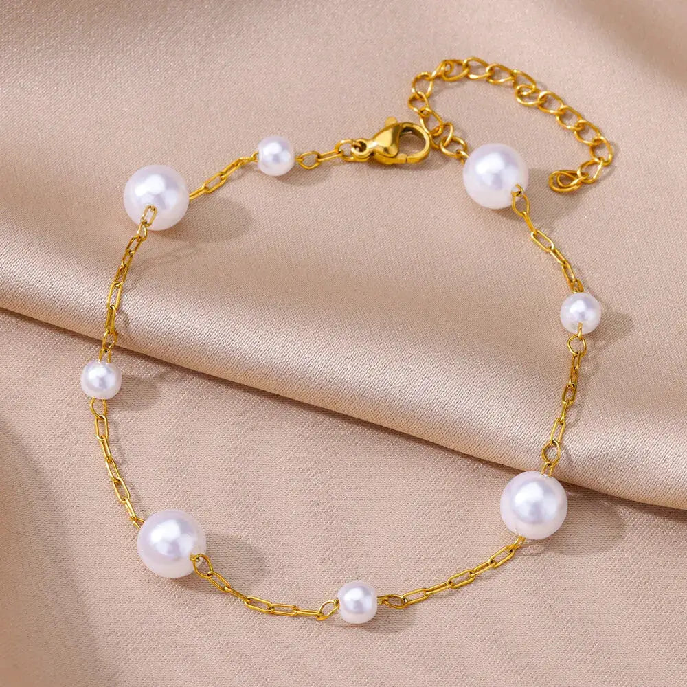 Gold Tone Stainless Steel Imitation Pearl Anklets for Women Beach Jewelry Chain Leg Bracelets Gift