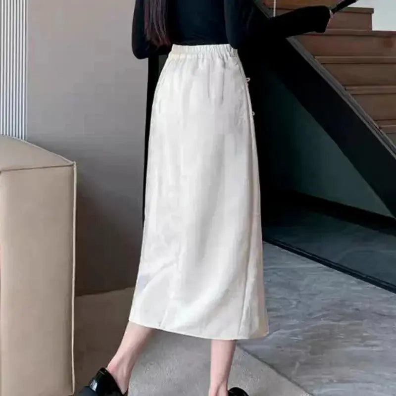Women's white high-waist midi skirt, solid casual streetwear with elastic waistband