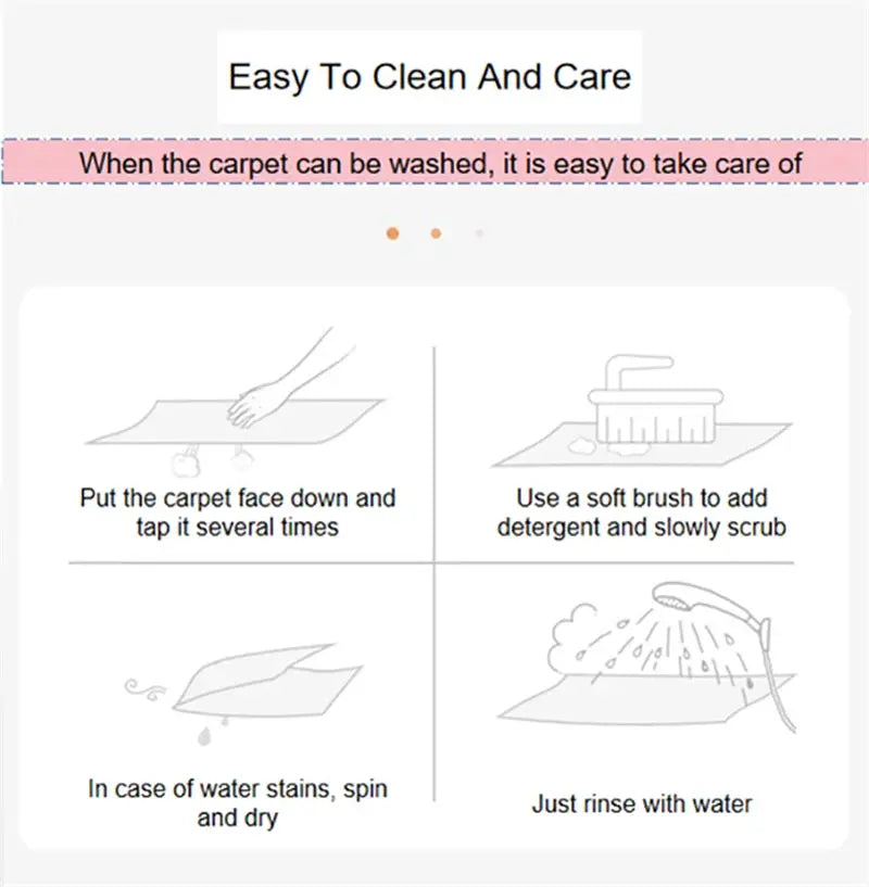 Kids rainbow carpet care guide: flip and tap, brush with detergent, rinse with water, spin and dry.
