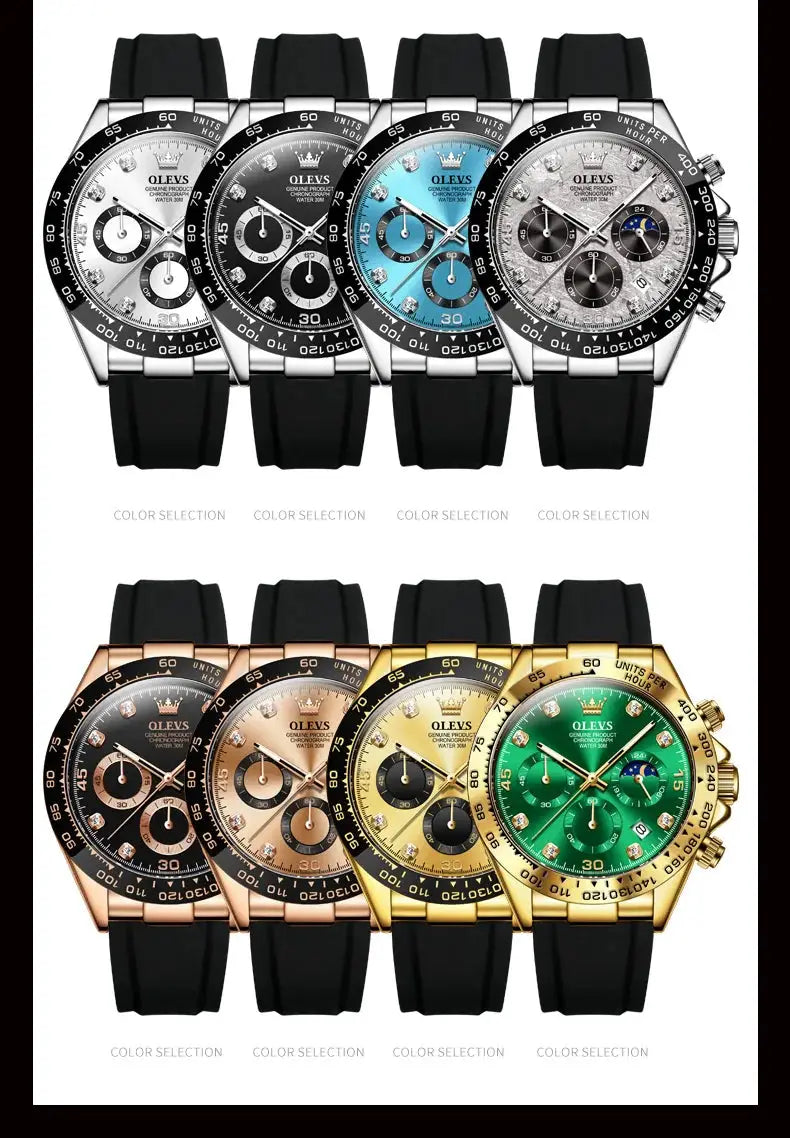 OLEVS 2875 men's luxury quartz chronograph watches with silicone straps, 8 color variants