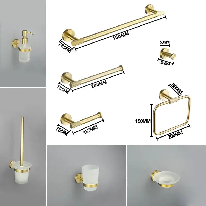 Brushed gold knurled brass bathroom hardware set with towel bar, towel ring, robe hook, toilet paper holder, and soap dispenser