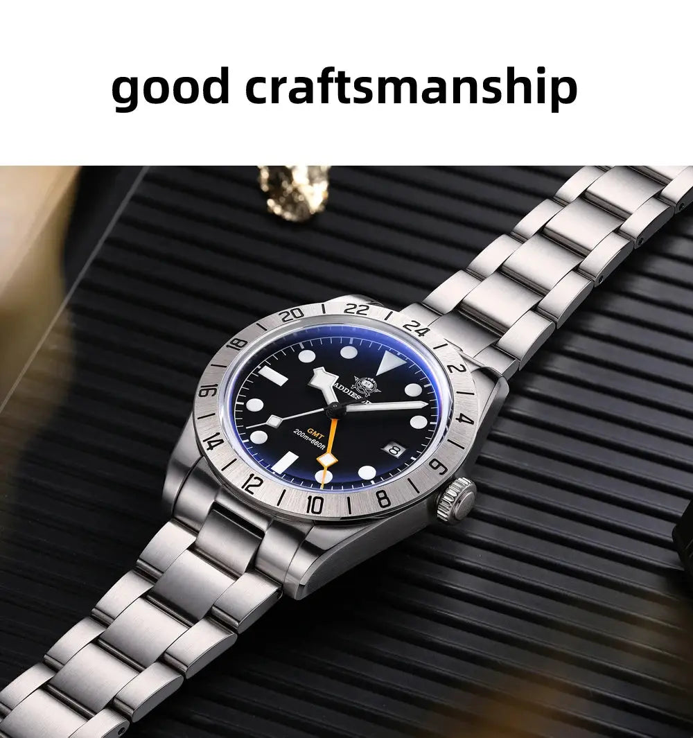 ADDIESDIVE men's stainless steel 39mm quartz GMT watch with black dial and blue bezel