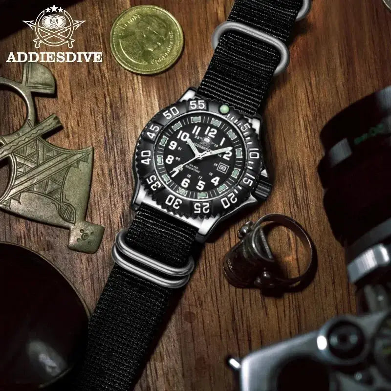 AddiesDive black-dial quartz watch with rotating bezel, luminescent hands, date calendar, 50m water resistant on strap