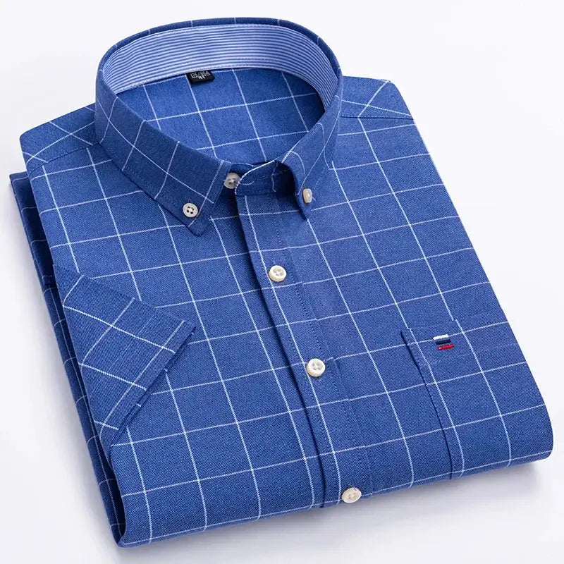 Men's blue plaid Oxford shirt with button-down collar and chest pocket