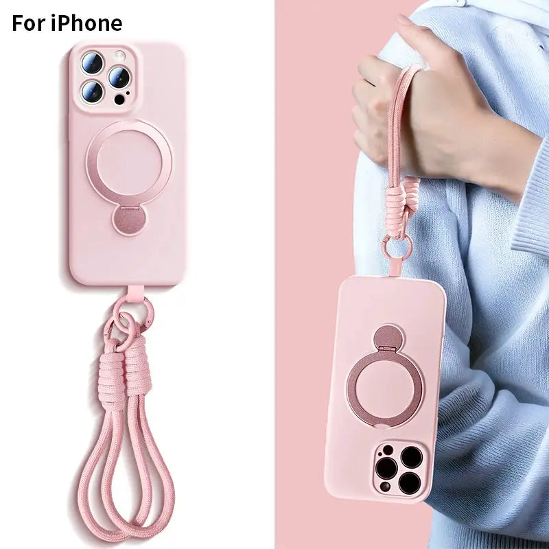iPhone case by Simples Market, pink silicone with magnetic ring stand and lanyard