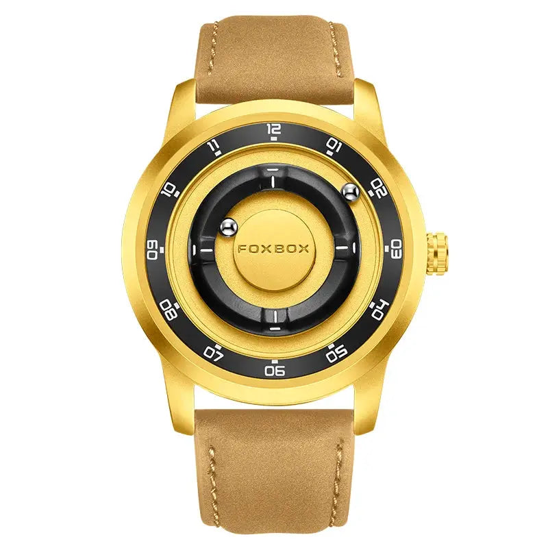 FOXBOX men's quartz wristwatch with gold-tone case, black dial ring, and tan leather strap