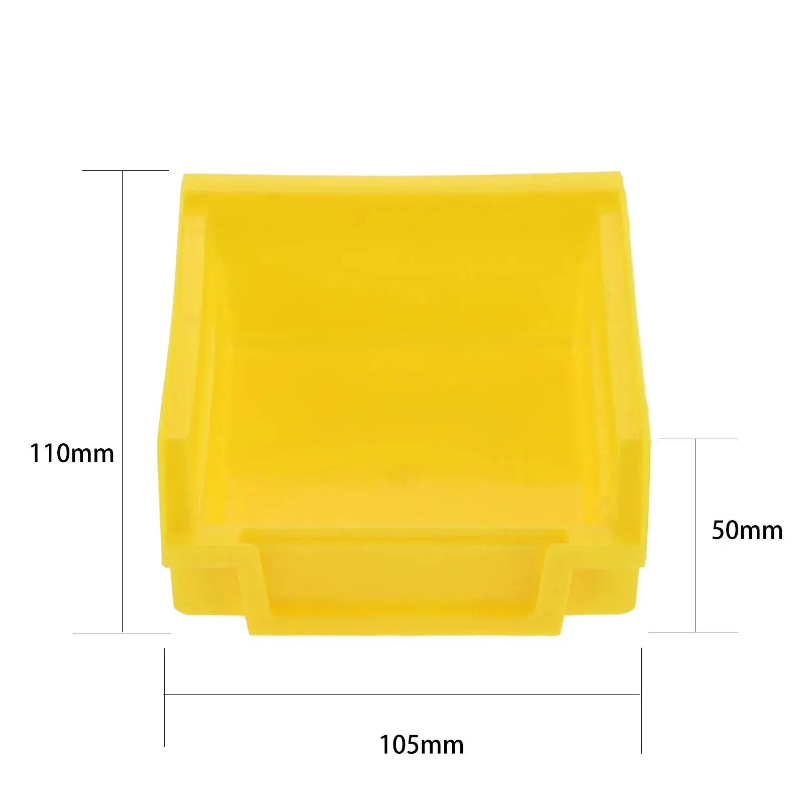 Yellow ABS plastic stackable storage bin for garage pegboard organization