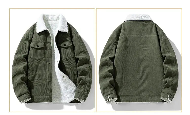 Men's olive green corduroy jacket with white sherpa lining, front and back views.