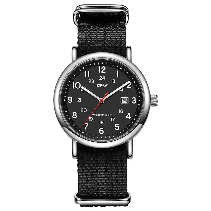 TPW field watch with black dial, 24-hour markings, fabric strap and date window