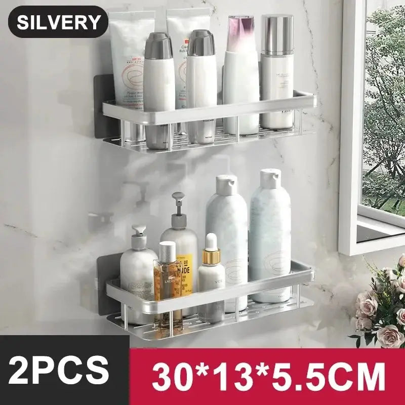 Silvery 2-piece aluminum bathroom shelf organizer set; silver no-drill shower racks for shampoo bottles.
