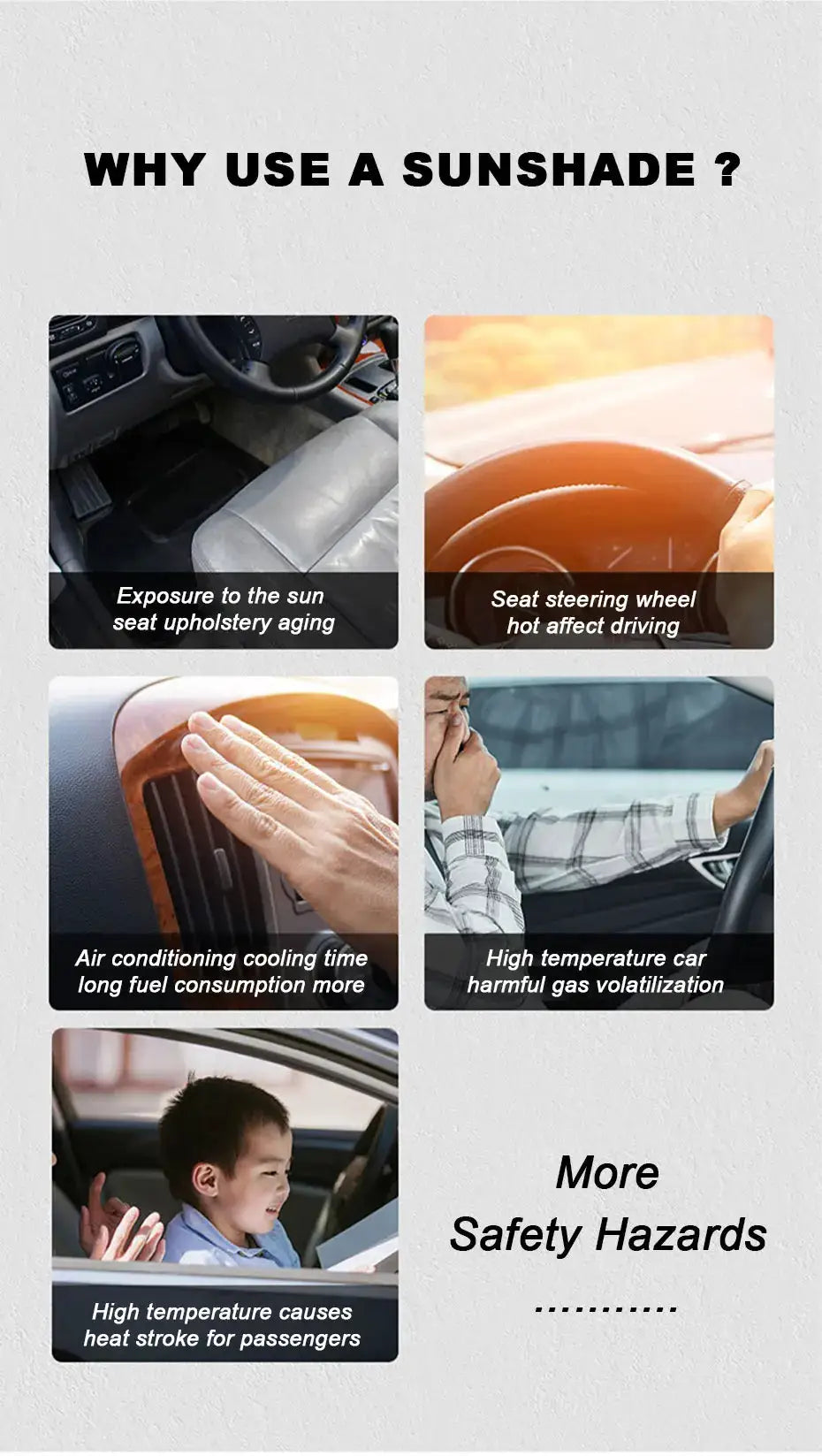 SEAMETAL car windshield sun shade by Simples Market; front-window sun shade infographic showing sun protection benefits