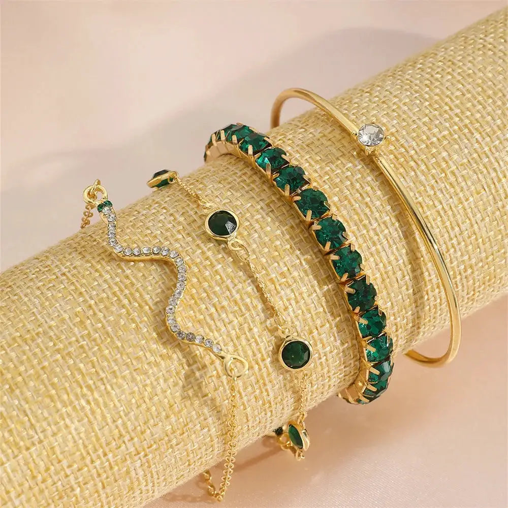 Set Of Four Snake Pattern Gemstone Bangles With Rhinestones Full Metal Bracelets For Women Birthday Party Gift