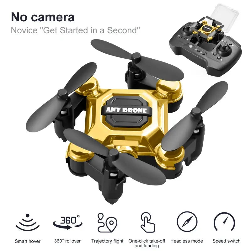 K04 mini folding drone by Simples Market with gold body and gray propellers, remote controller included