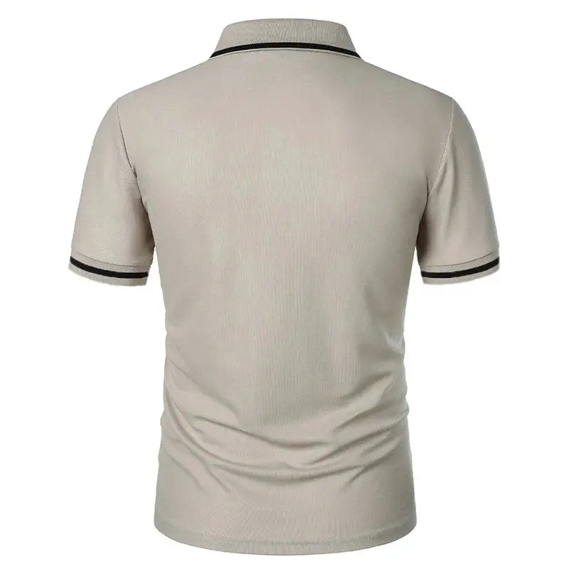 Beige men's short-sleeve polo shirt with black collar and sleeve trim, back view