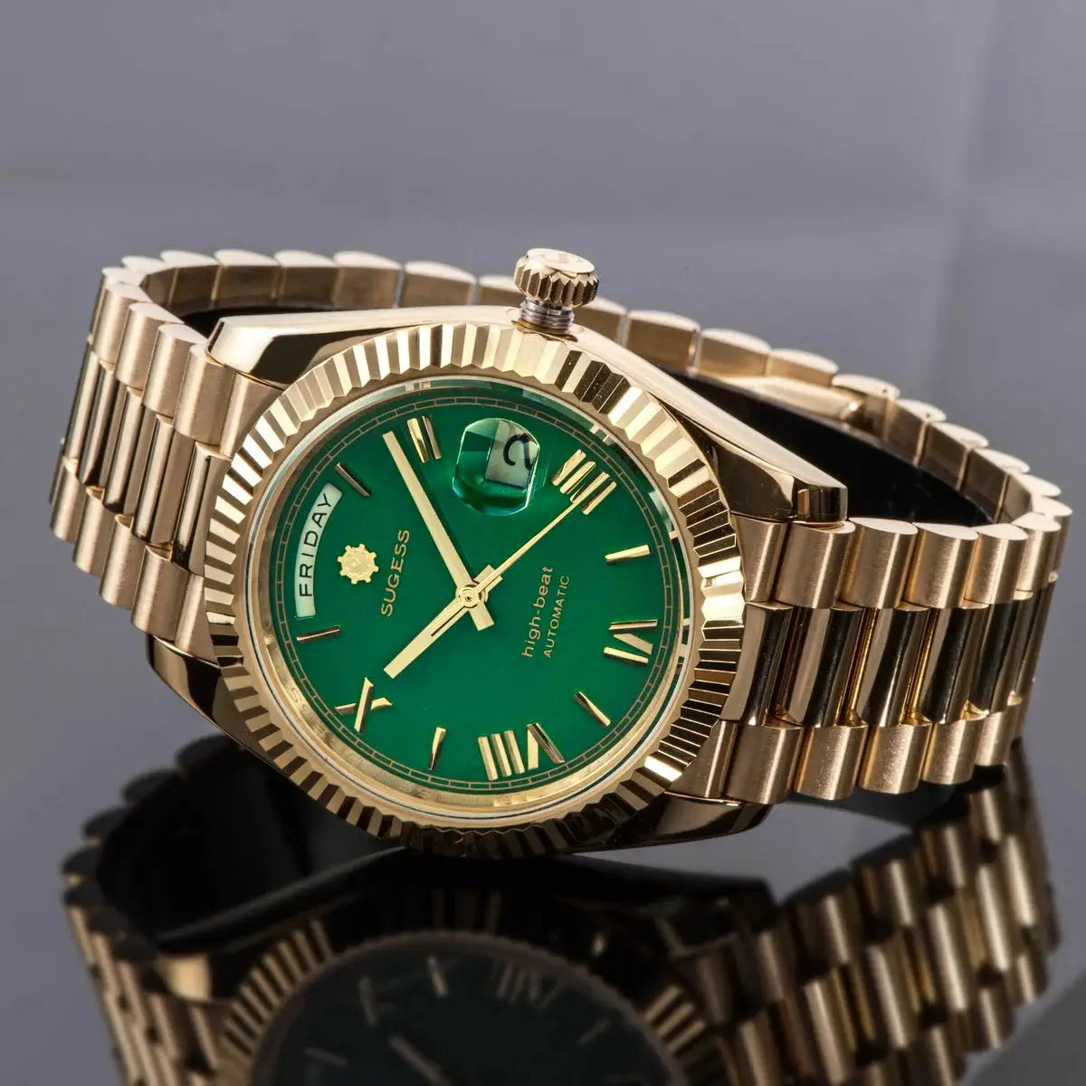 Sugess men's gold-tone wristwatch with green dial, day-date window, 40mm case, automatic movement, sapphire crystal