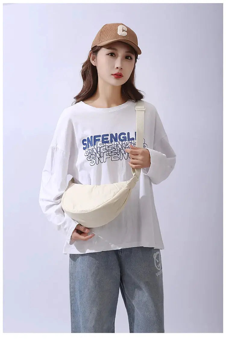 Simples Market cream nylon padded crossbody bag for women with adjustable shoulder strap