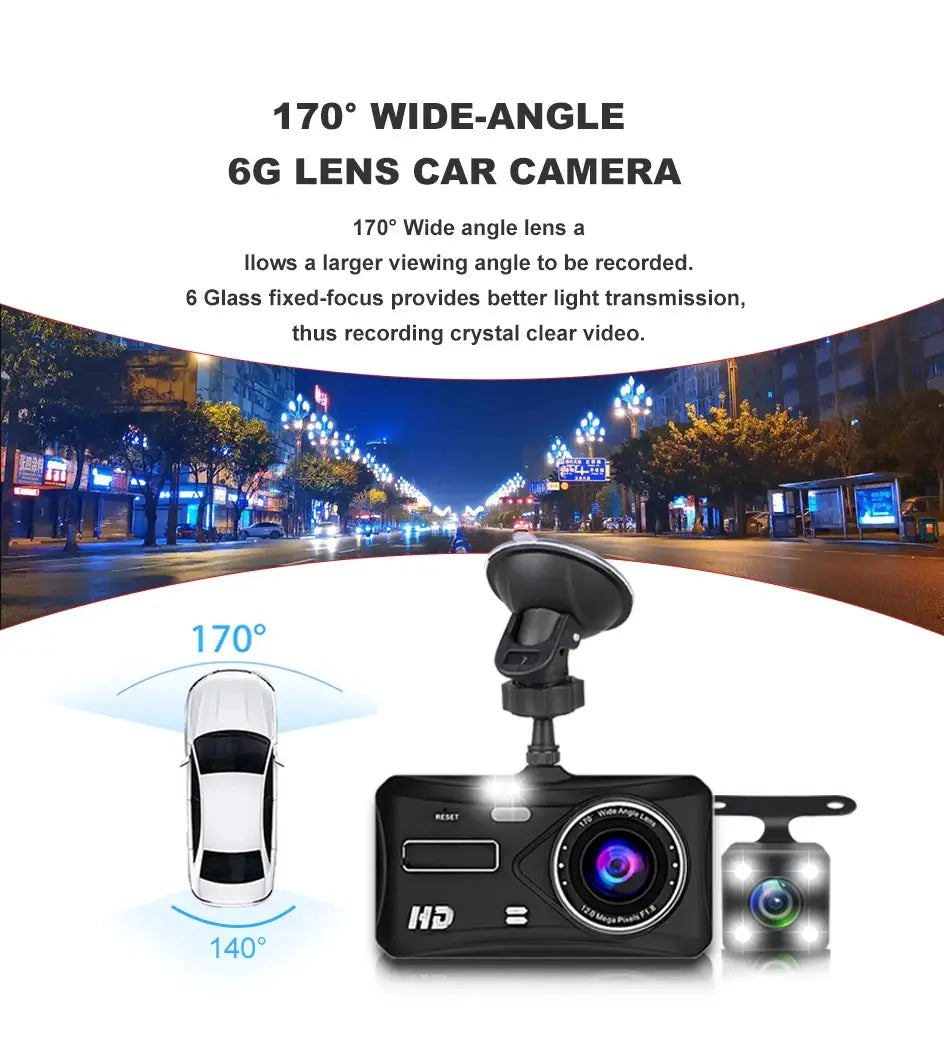 Simples Market E-ACE 1080P car DVR dash cam with 170° wide-angle front camera and optional rear lens, suction mount
