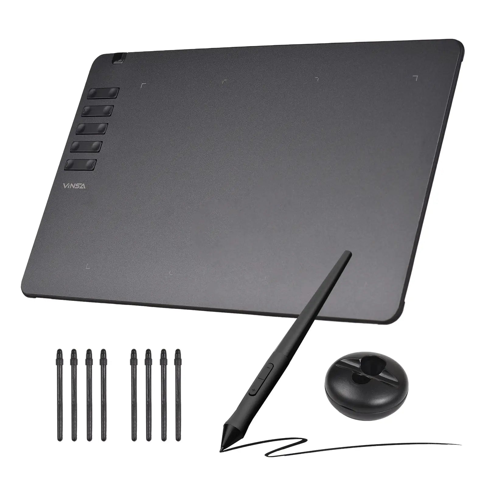 VINSA T1161 graphics drawing tablet with battery-free stylus, black; Simples Market, 8 nibs included