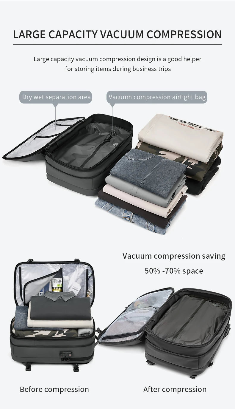Men's travel backpack with vacuum compression, 17-inch laptop compartment, large-capacity business/school bag