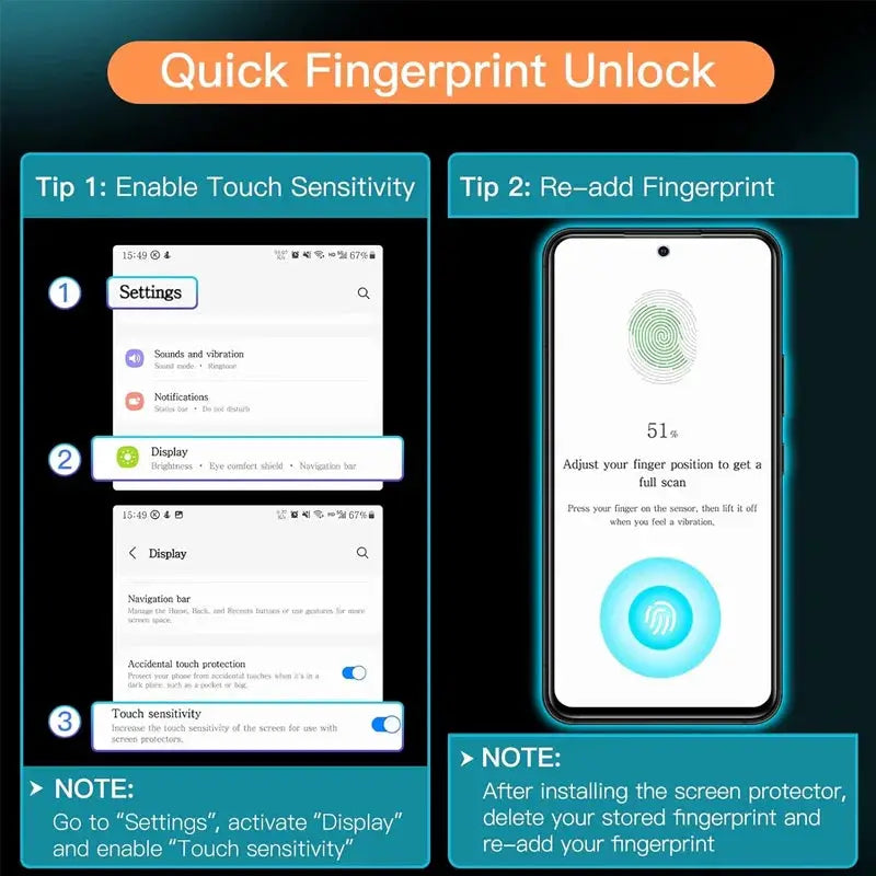 HD tempered glass screen protector for Samsung Galaxy phones by Simples Market with quick fingerprint unlock guide.