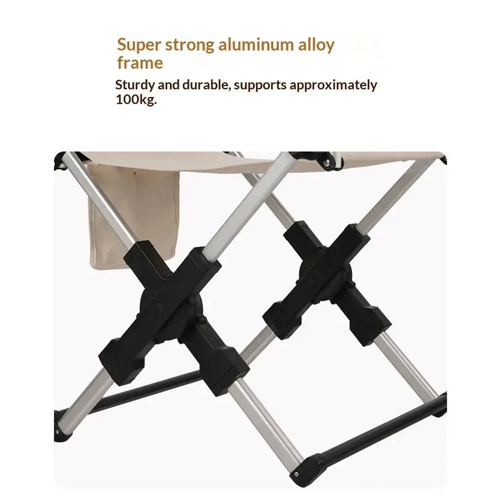 Outdoor foldable director chair with aluminum alloy frame and beige fabric seat; portable camping chair