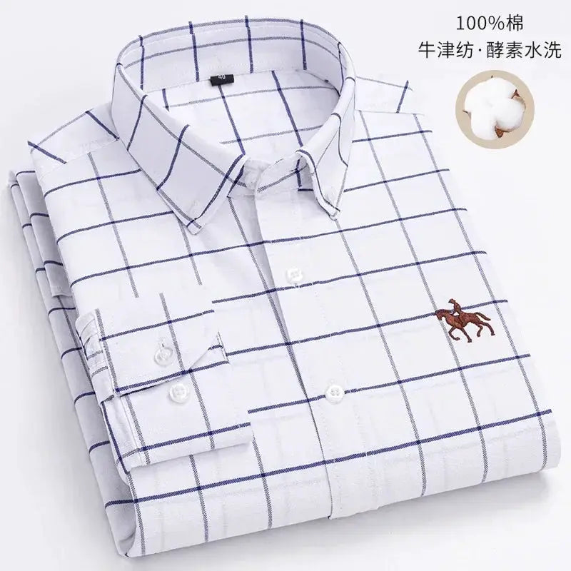 Casual pure cotton oxford men's shirt, blue grid pattern and horse embroidery