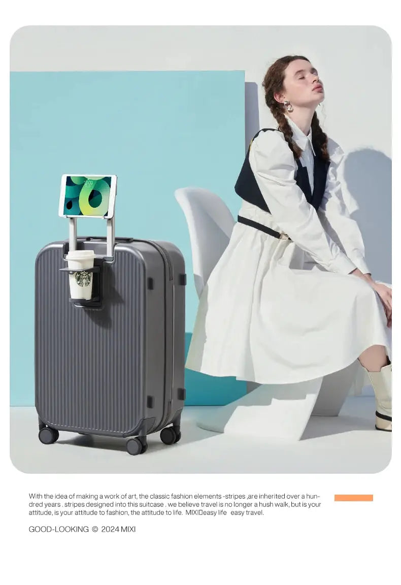 Mixi 2024 carry-on suitcase by Simples Market; gray hard-shell with Starbucks cup holder and phone stand, spinner wheels