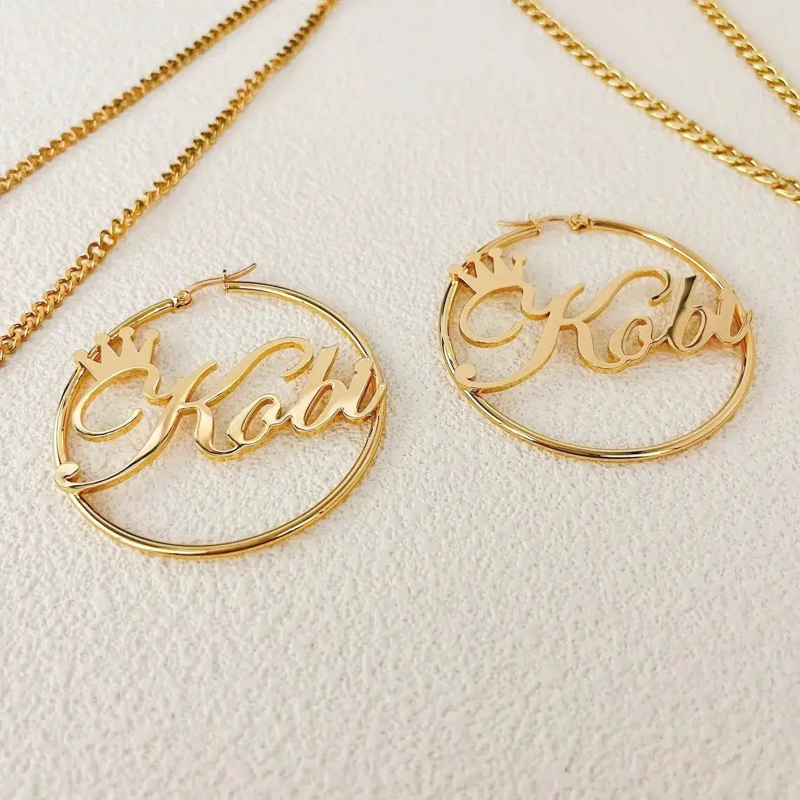 Gold stainless steel crown-name hoop earrings with nameplate, set of 2