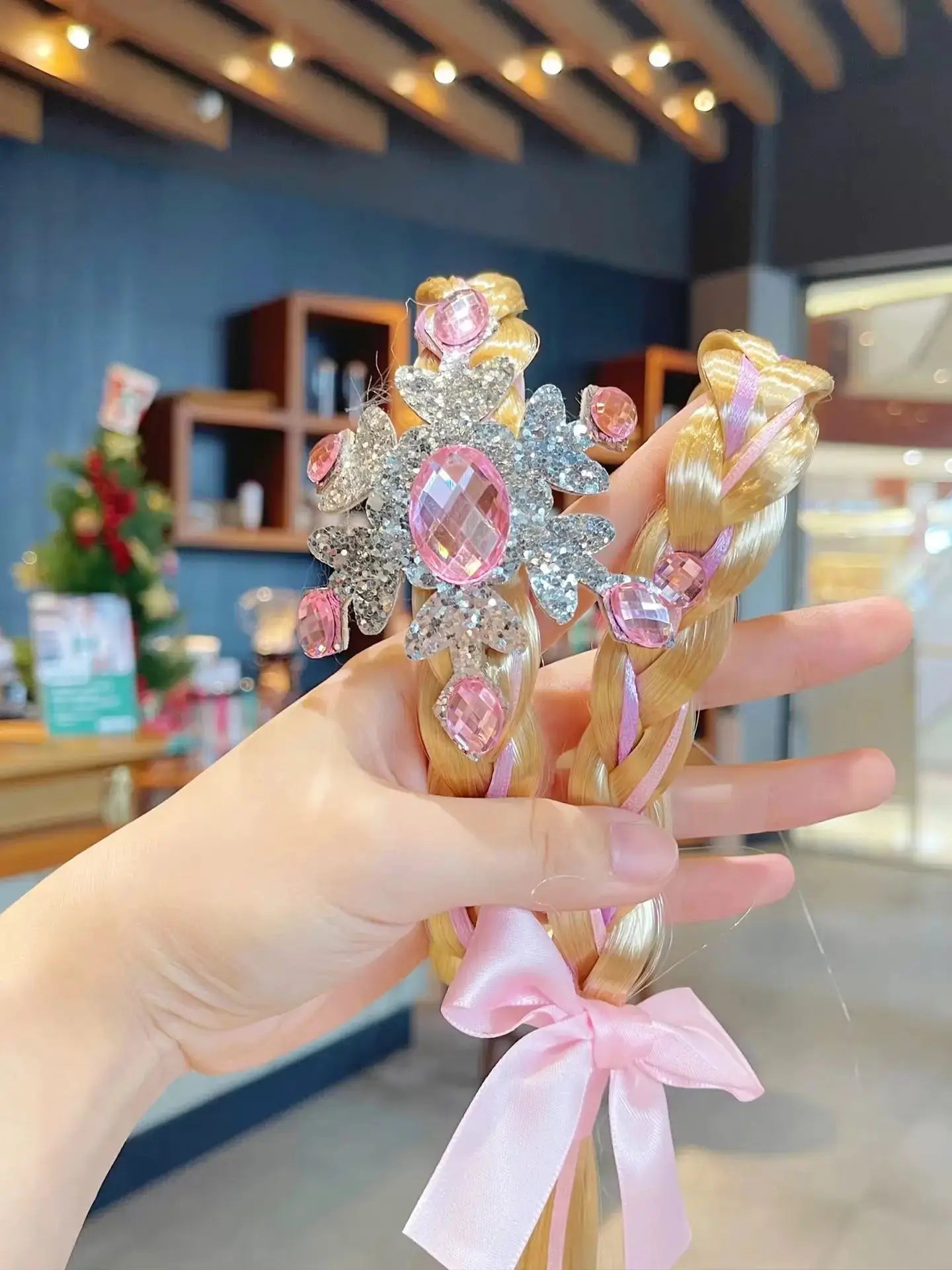 Simples Market Elsa crown headband with pink gems and silver snowflake, braided blonde wig with pink ribbon