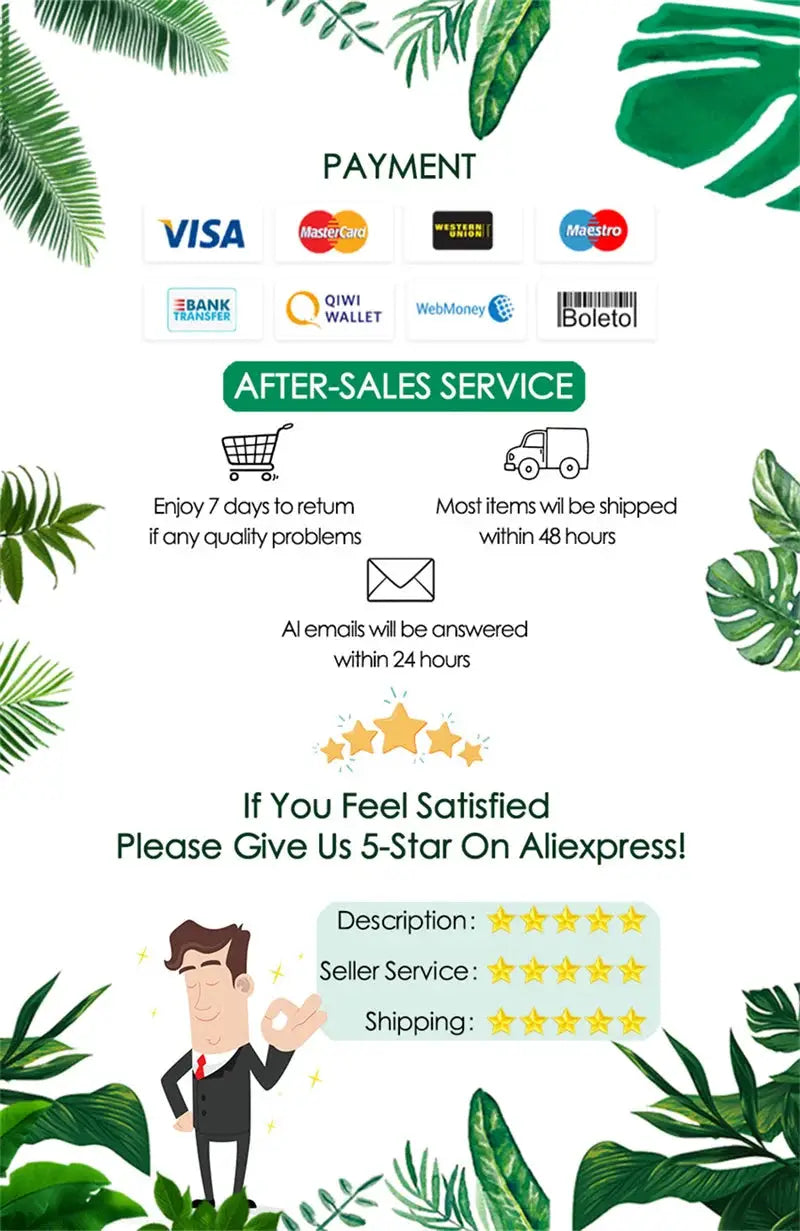 Simples Market bedding infographic showing payment options, after-sales service, and tropical leaf background