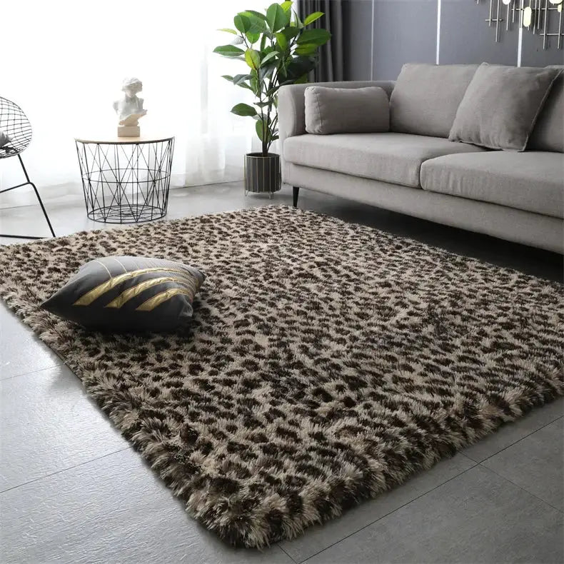 Simples Market Premium fluffy area rug, leopard-print shag carpet in beige-brown for living room
