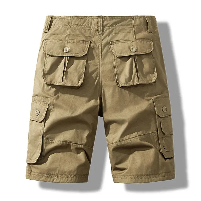 Men's cotton cargo shorts khaki with back flap pockets and side cargo pockets