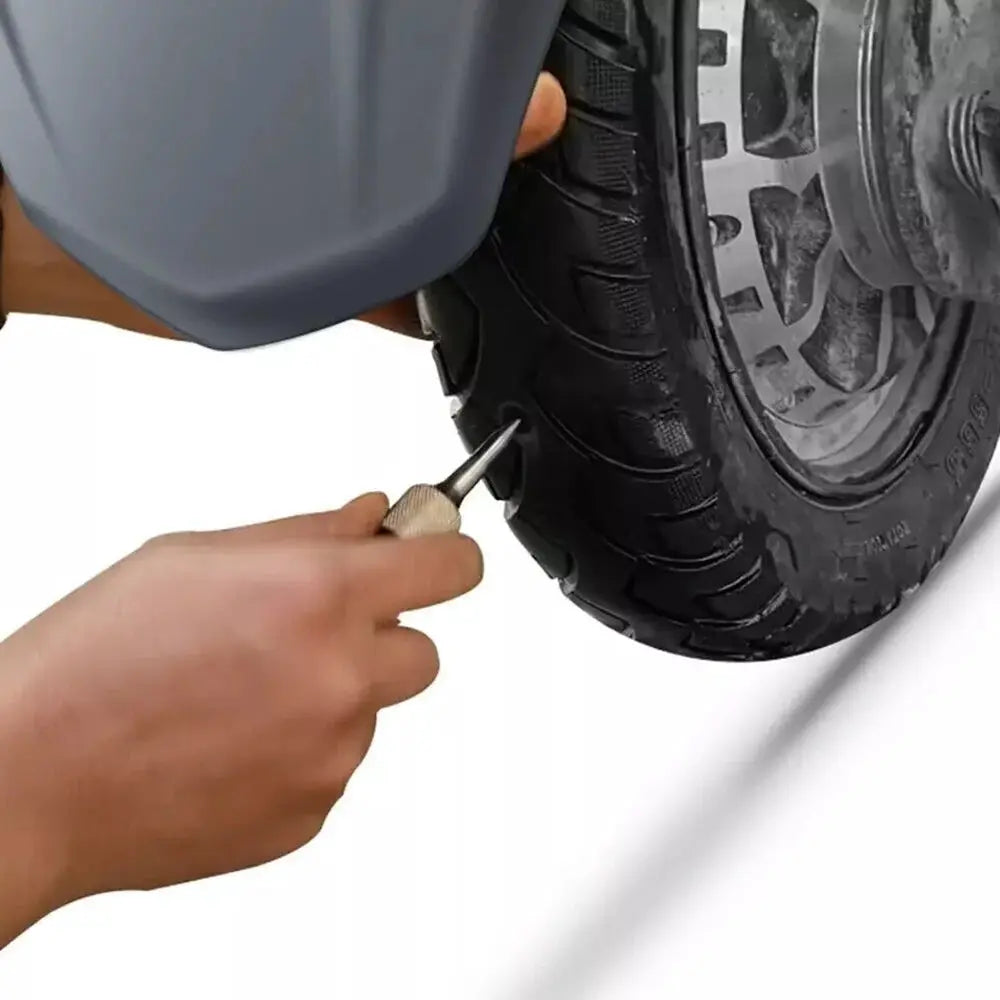 17pcs outer tire puncture repair kit mushroom plug tool for motorcycle; hand inserting plug into tire.